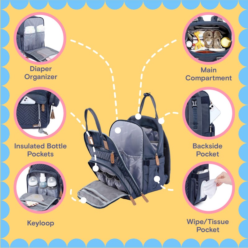 iniuniu Diaper Bag Backpack, 4 in 1 kit Large Unisex Baby Bags for Boys Girls, Waterproof Travel Back Pack with Diaper Pouch, Washable Changing Pad, Pacifier Case and Stroller Straps, Navy Blue - Image 3